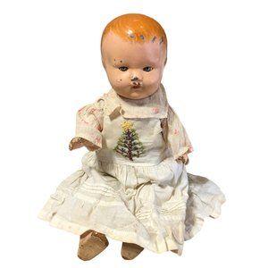 Vintage Pressed Metal Doll Head Blonde Blue Blink Eyes Straw Filled Body Antique